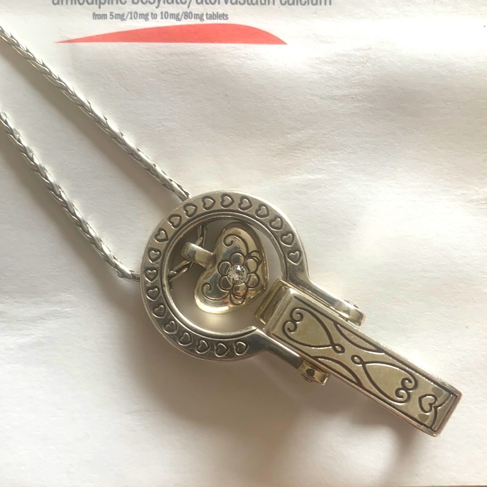 Brighton Badge Clip Necklace Silver Tone Chain Holder Heart